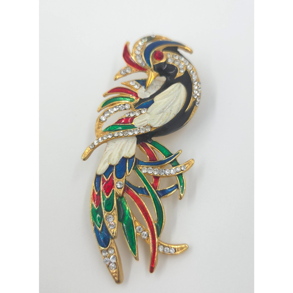 Vintage Phoenix Brooch Pin Rhinestone Enamel 3" Dramatic Colorful Bird READ